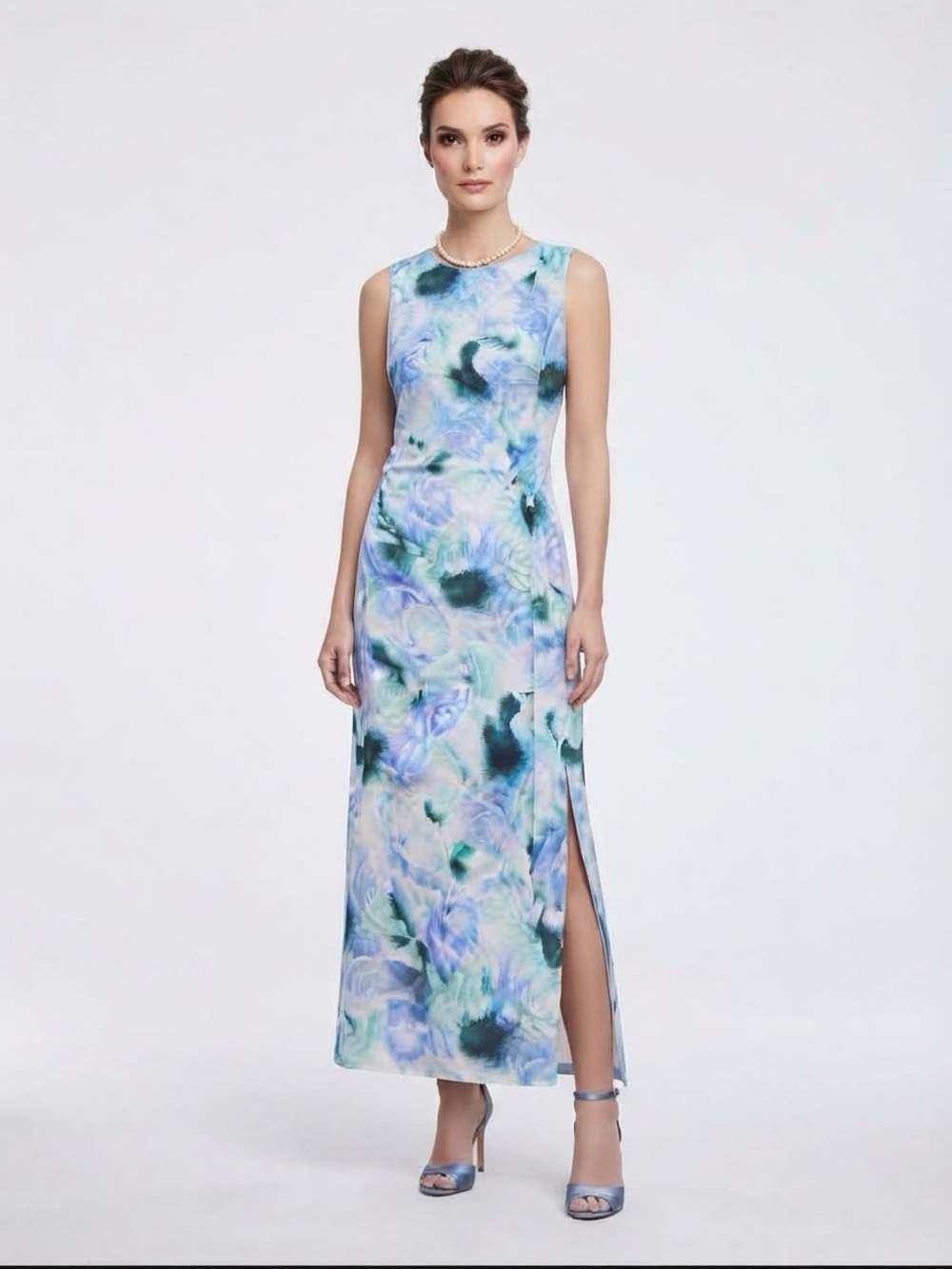 Joie Sleeveless Floral Watercolor Maxi Dress in Light Blue and Teal